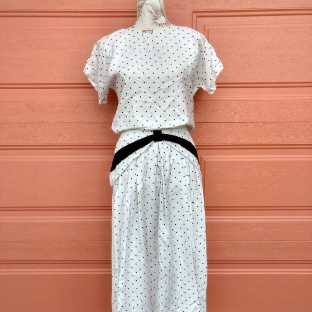 Vintage 80s Polka Dot Dress 38" Bust White Black 30s 40s Style